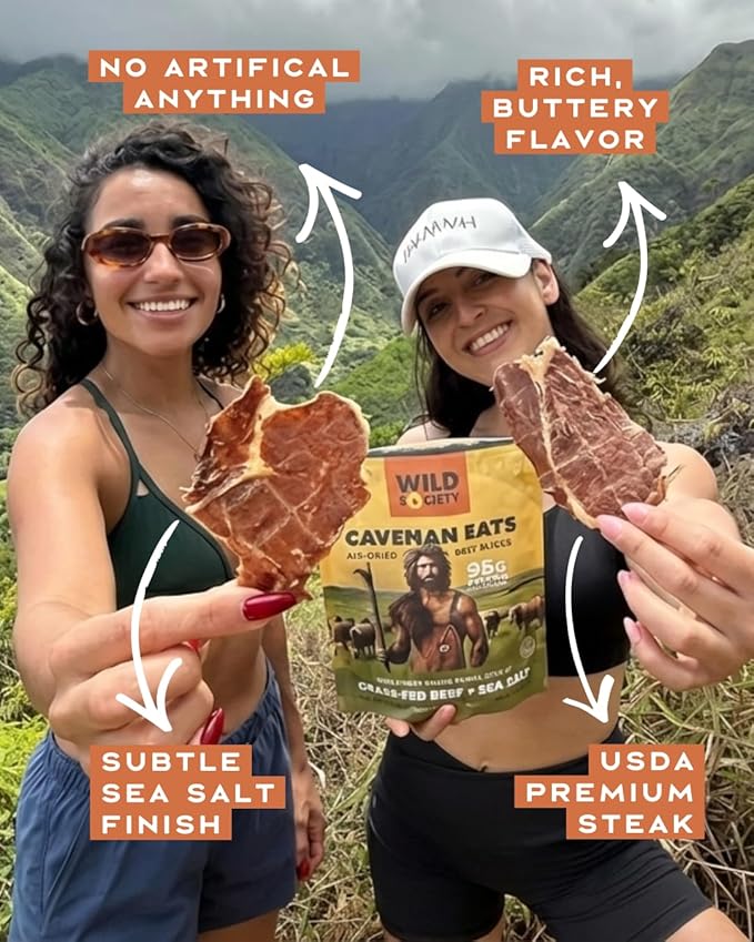 Wild Society - Caveman Eats - Grass Fed Ribeye Steak Slices - 95g Protein - Only Steak &amp Salt - 2 Ingredients - Air dried Beef Jerky Carnivore Snacks Crisps - Sugar Free Gluten Free Keto Paleo