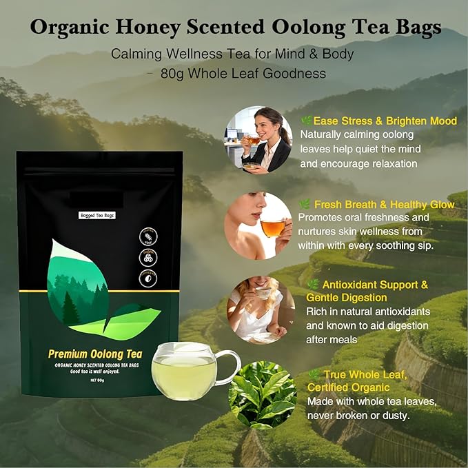 Organic Whole Leaf Oolong Tea Bags | Calming &amp Relaxing Tea for Daily Stress Relief Cortisol Balance &amp Digestive Ease | 20 Bags of Premium Loose Leaf Style Tea | Vegan Non-GMO | Perfect for
