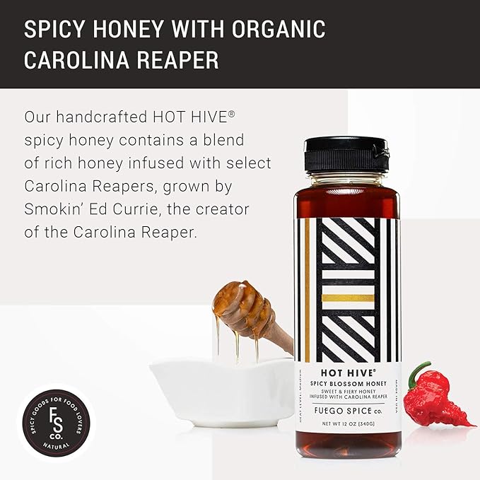 HOT HIVE Honey with Organic Carolina Reaper Pepper by Fuego Spice - 12 Oz - Made with Apple Cider Vinegar - Squeeze it on a BBQ Chicken Wings or Try it on a Taco - Heat Level: 4/10
