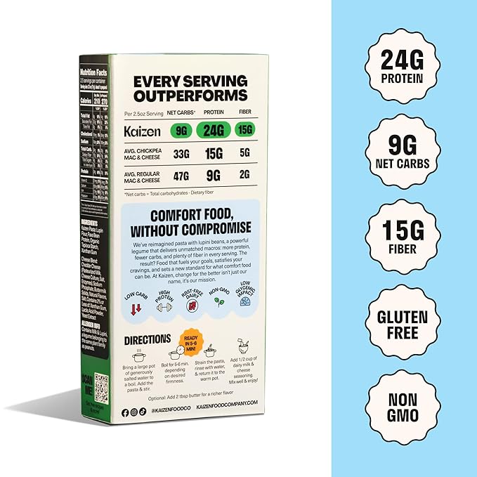 Kaizen High Protein White Cheddar Mac &amp Cheese - Low Carb Keto Friendly High Fiber Gluten-Free Non-GMO - 6.4 Ounces (Pack of 3)