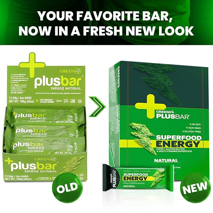 Greens+ Plusbar Energy Natural Gluten-Free Snack with Super Greens Superfoods &amp Almond Butter Vegan Dairy-Free Non-GMO 10g Protein Meal Replacement 12 Pack