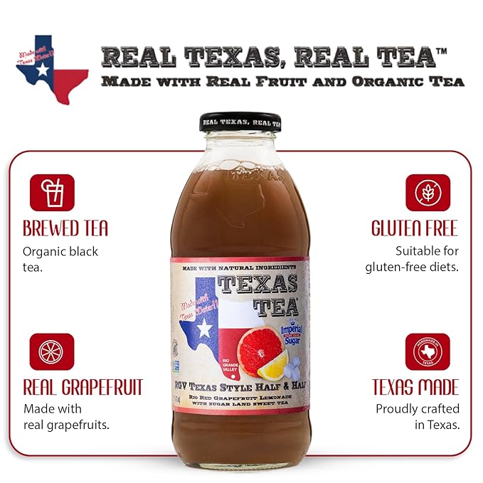 Texas Tea Rio Red Grapefruit Lemonade with Sugar Land Sweet Tea Real Brewed Black Tea &amp Grapefruit Lemonade Flavor Non GMO No Preservatives Refreshing Texas Brewed Tea 16 fl oz Pack of 12