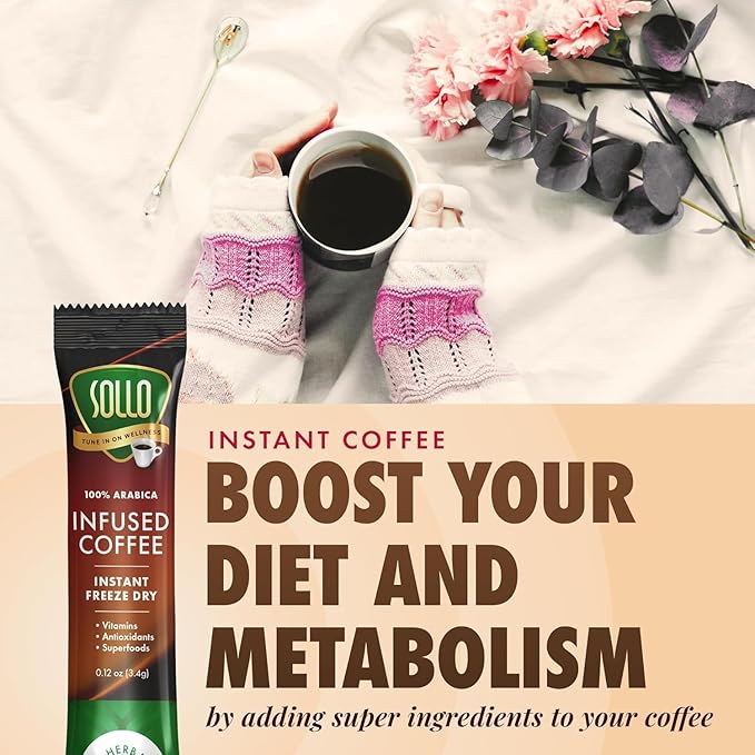 Sollo Detox Infused Instant Coffee Sticks (24 Servings) Weight Loss Healthy Body Support Slim Medium Roast 100% Arabica &amp Freeze Dried Coffee in Single Serve Sticks.
