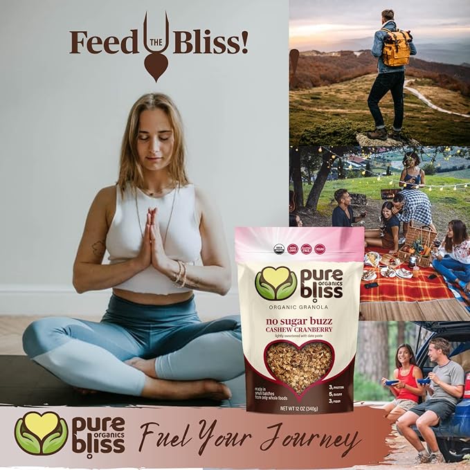 Pure Bliss Organics NO SUGAR BUZZ CASHEW CRANBERRY GRANOLA Certified Organic and Gluten Free Vegan Non GMO Low Glycemic Low Sugar Alternative Date Sweetened only Small Batch Artisan Granola Cer