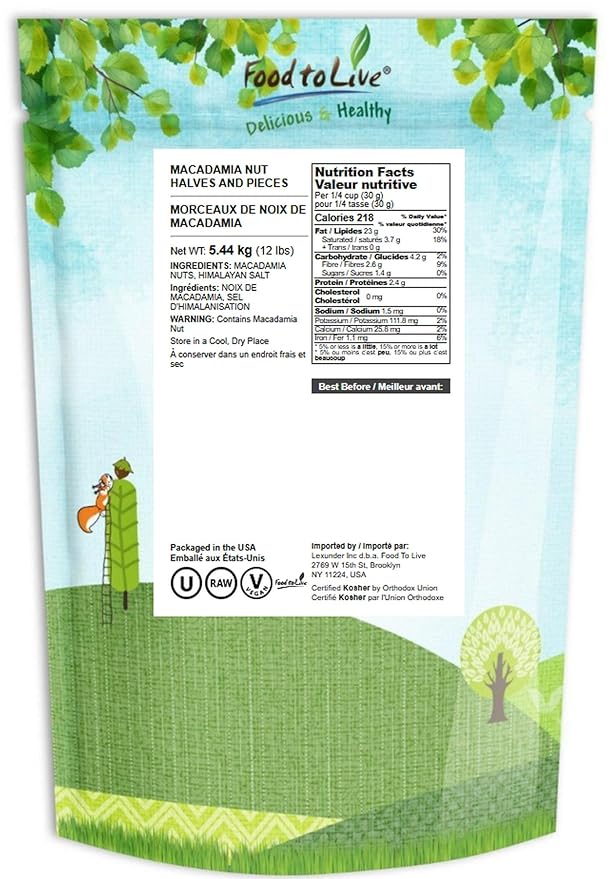 Food to Live Macadamia Nut Halves &amp Pieces 12 Pounds – Raw Shelled Unsalted Kosher Vegan Bulk. Keto Snack. Good Source of Healthy Fats. Great for Baking and as Topping for Salads Yogurt.