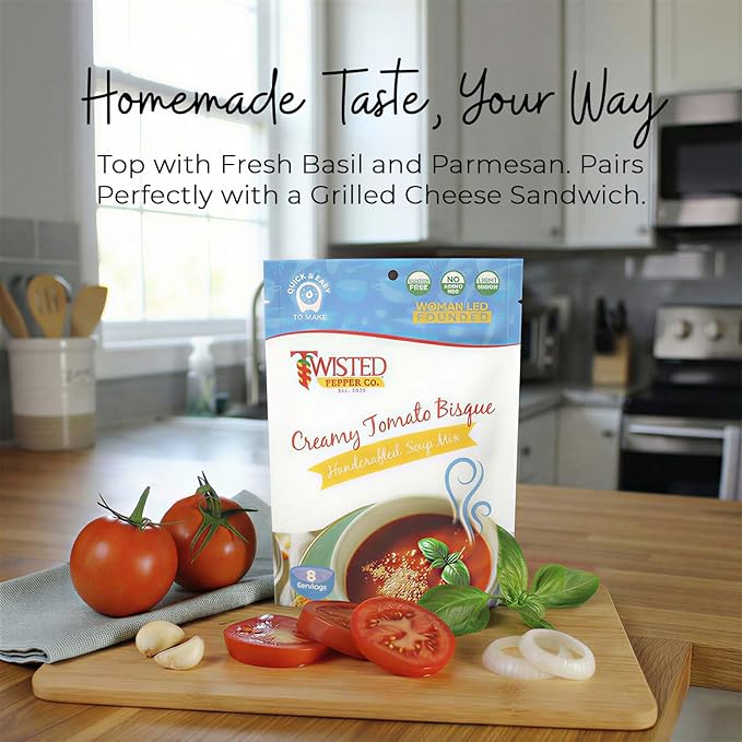 Twisted Pepper Co. Creamy Tomato Bisque Soup Mix: Gluten-Free – Handcrafted Soup – Thick Creamy &amp Zesty Tomato Flavor Quick &amp Easy Meal Ready in 30 Minutes Serves 8 Add Pasta Seafood &am