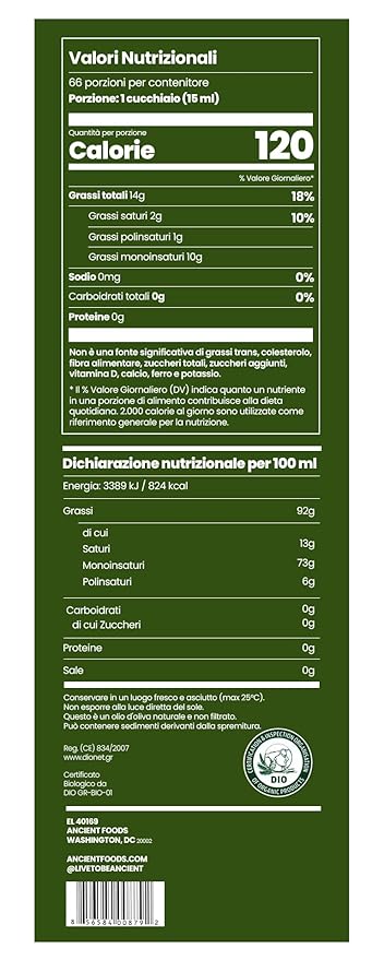Ancient Foods Keros Organic Extra Virgin Olive Oil Cold Pressed – Greek EVOO High Polyphenol Olive Oil from 1000 Year Old Trees from Greece – Ideal for Cooking Salads &amp Gourmet Dishes – 33.8oz (