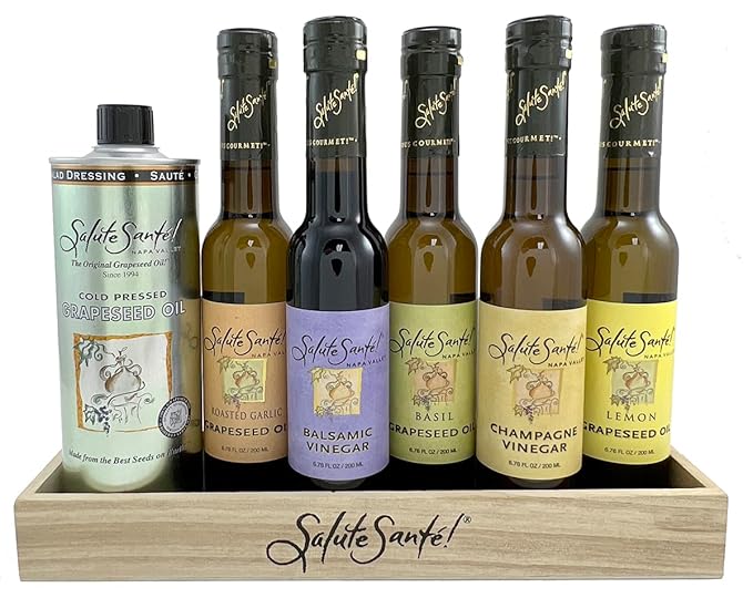 Salute Santé! Infused &amp Cold Pressed Grapeseed Oil Gift Set – Gourmet Healthy Cooking Oils for Dipping Finishing Marinades &amp Salads – Non-GMO Vegan Cold Pressed Heart-Healthy Culinary Col