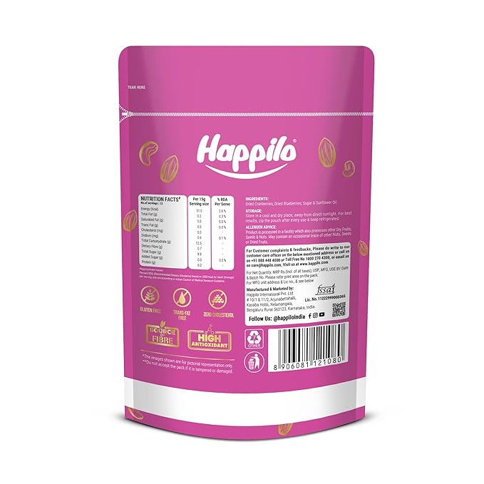 Happilo Premium American Dried Whole Blueberry Cranberry Duet 200G Pack Dried Cranberries &amp Blueberries Mix 100% Organic Natural Real Dried Berries Low Calorie Snack Pack Of 1