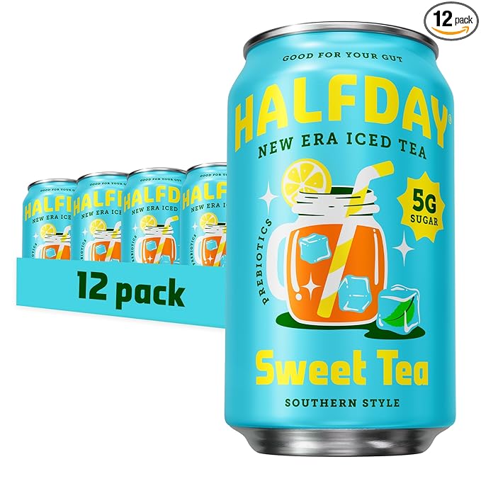 HALFDAY Prebiotic Sweet Tea Iced Tea Cans Supports Digestive &amp Gut Health 6g Plant Fiber &amp Prebiotics 5g of Sugar 35 Calories Organic Tea Natural Caffeine Gluten Free Keto 12 fl oz (1