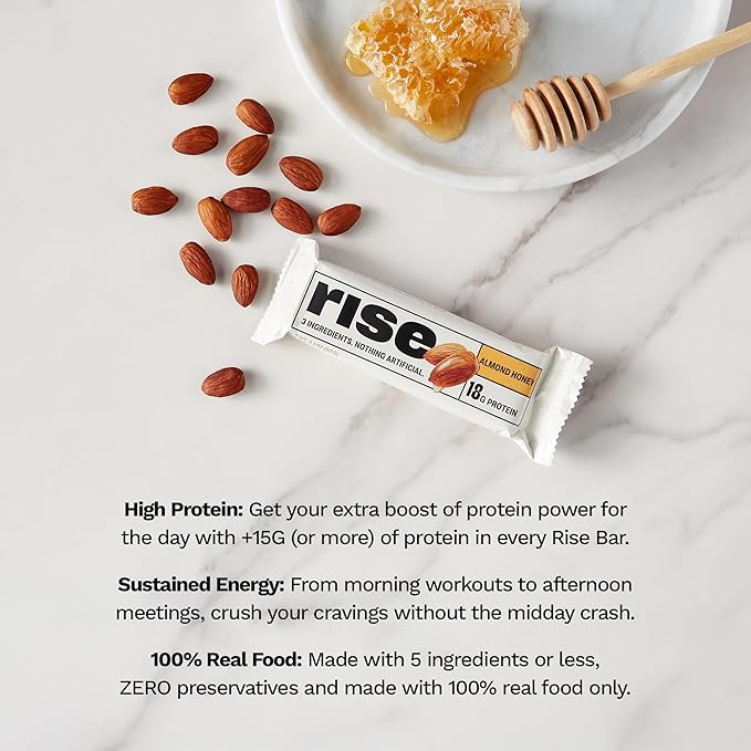 Rise Breakfast Whey Protein Bars Almond Honey 18g Protein 2.01 oz (12 Pack)