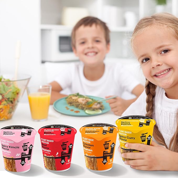 Hethstia High Protein Ramen Variety Pack 8-Pack Instant Ramen Noodle Soup Cups (Chicken Beef Spicy Kimchi Spicy Curry) 32g Plant Protein Vegan Non-Fried Low Fat Non-GMO Healthy Quick Meal