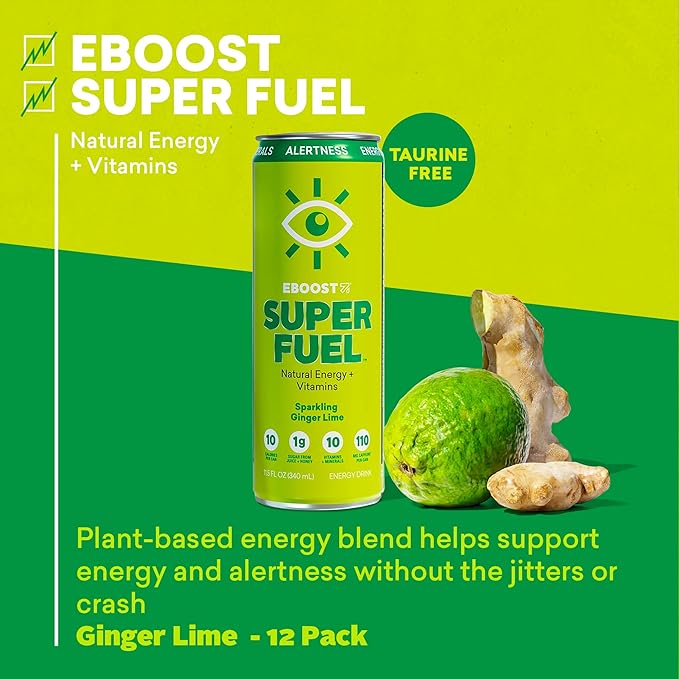 EBOOST SUPER FUEL Healthy Energy Drink - Ginger Lime: 12 Healthy Energy Drinks - Focus &amp Productivity - 110 mg Caffeine + Nootropics &amp Electrolytes - No Sucralose Taurine Artificial Flavors