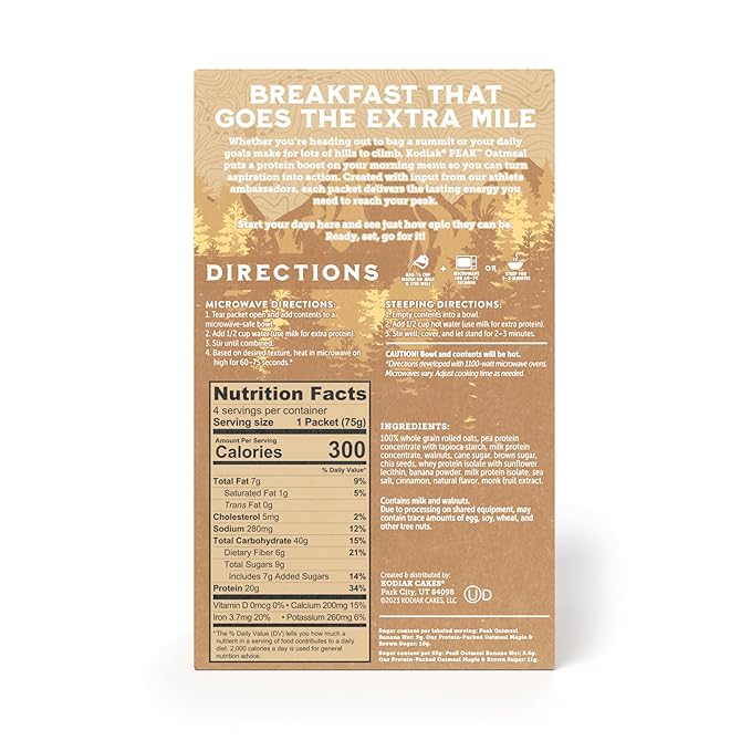 Kodiak Cakes Peak Instant Oatmeal Packets Banana Nut High Protein100% Whole Grains 6 box with 4 packets each (Total of 24 packets)