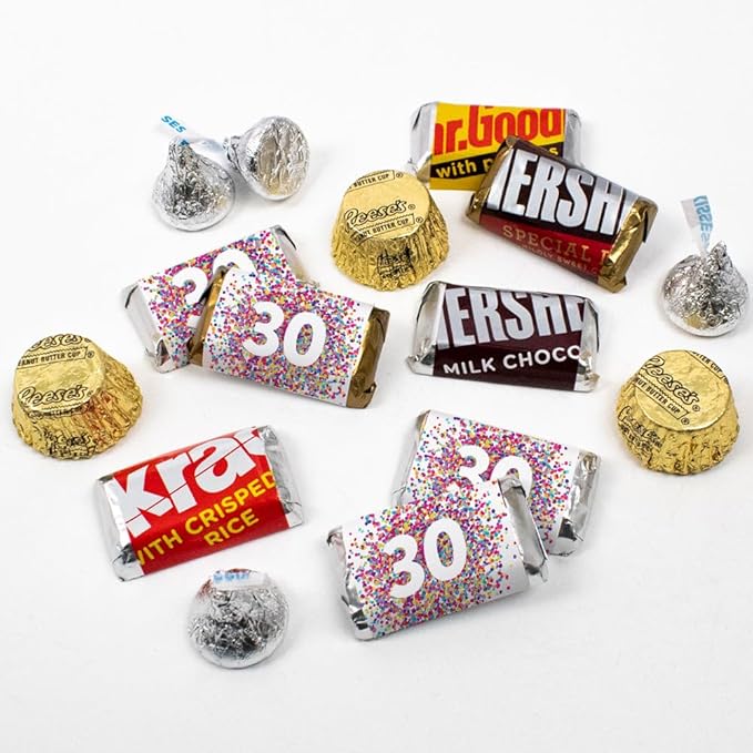 200pcs Personalized Birthday Candy Kit Party Favors for Guests Candy Buffet Supplies (Custom Wrapped Miniatures Kisses Peanut Butter Cups) - All Ages - Confetti