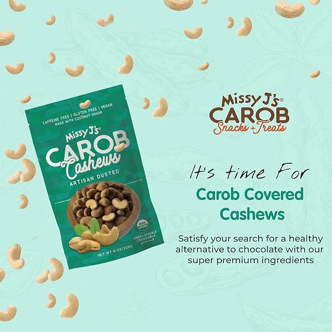 Missy J's Organic Carob Covered Cashews 8 Oz 3 Pack Vegan Gluten Free Substitute for Chocolate Perfect for Snacks and Treats