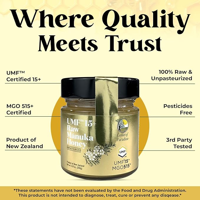 Center of Paradise Raw Manuka Honey Certified UMF 15+ | MGO 515+ (250g / 8.8oz) Glass Jar - Pure &amp Natural New Zealand Honey for Daily Immune Support and Wellness - Non GMO &amp Unpasteurized