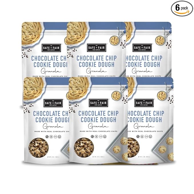 Safe + Fair Chocolate Chip Cookie Dough Granola – Gluten-Free Dairy-Free &amp Vegan Snack – Allergen-Free Non-GMO and No Artificial Ingredients – 12oz Pack 6 Pack