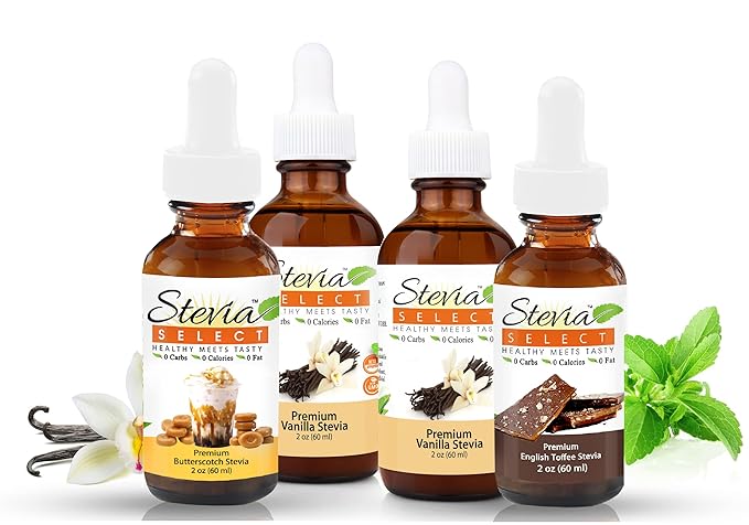 Stevia Drops Butterscotch English Toffee &amp 2 Vanilla Stevia Select Keto Sugar-Free Stevia Flavors Bundle (4) Pack