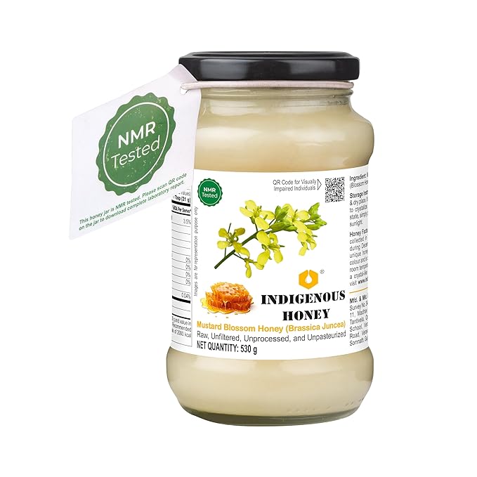 INDIGENOUS HONEY Crystallized Mustard Sarso Honey Raw Natural Pure Unprocessed NMR Tested Unpasteurized Unheated 530g Glass Jar Pack of 1