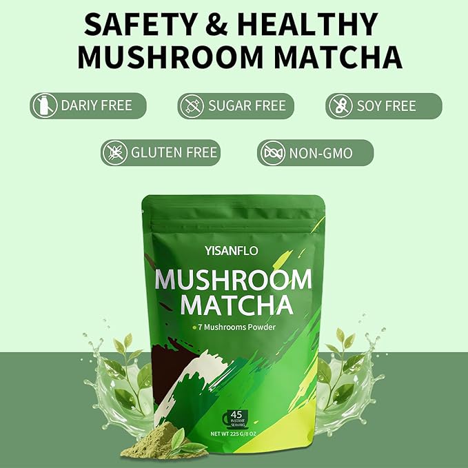 YISANFLO 7-in-1 Mushroom Matcha for Energy Focus Digestion Immunity Turkey Tail Shiitake Lion's Mane Ceremonial-Grade Matcha Mushroom Powder 8 Oz(45 Servings)