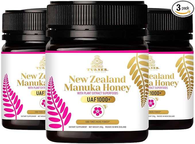TURNER Certified Raw New Zealand Manuka Honey with UAF1000+ (8.8oz/250g) 1000x More Power Greatest Gift to Support Everyday Wellness Natural Probiotic Prebiotic Antioxidant Superfood 3 Jars