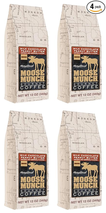 Moose Munch Milk Chocolate Peanut Butter Ground Coffee – 4 Pack 12 oz Bags – Chocolate &amp Peanut Butter Dessert-Inspired Flavored Coffee