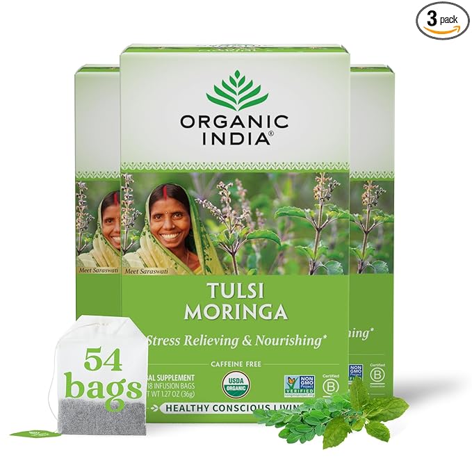 ORGANIC INDIA Tulsi Moringa Tea Bags- Holy Basil Lemongrass Moringa Leaves Calming Immune Support Tea USDA Organic Caffeine Free- 18 Bags 3 Pack