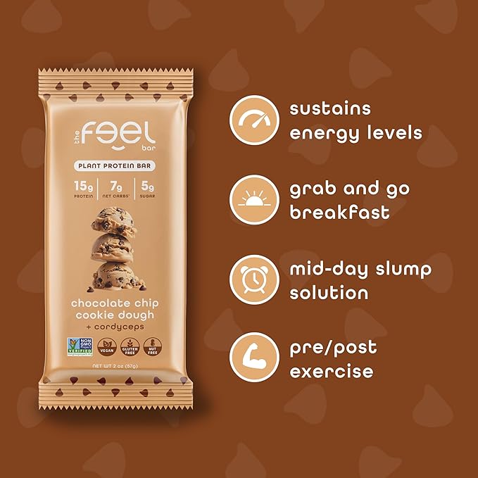 Feel Vegan Protein Bars Balance Cordyceps 15g Protein Adaptogenic Snack Organic Low Carb Gluten Free Dairy Nut Grain Soy Free Cookie Dough 10 Pack