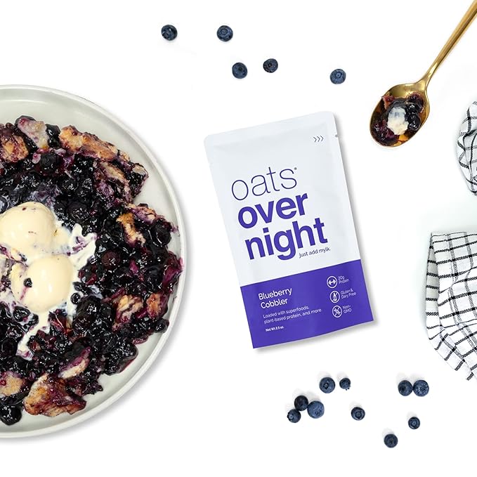 Oats Overnight Strawberries &amp Cream 8 Pack + BlenderBottle &amp Blueberry Cobbler 8 Pack - 20g Protein High Fiber Breakfast Shake - Gluten Free Non GMO Oatmeal