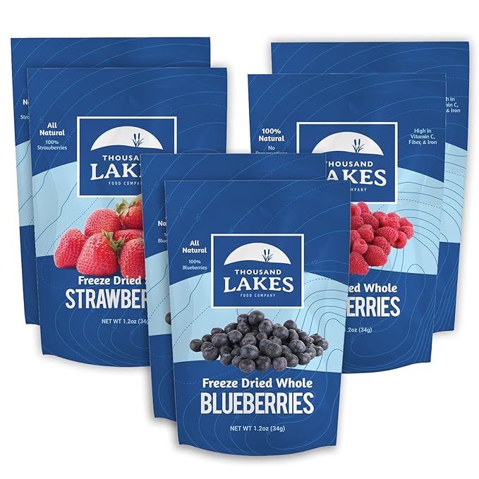 Thousand Lakes Freeze Dried Berries 3 2-Packs (6 Pouches Total) Bundle | 100% Whole Raspberries Whole Blueberries and Sliced Strawberries