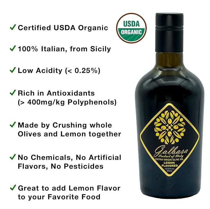 Galbasa - Organic Lemon Oil from Sicily Italy - First Cold Pressed Extra Virgin Olive Oil and Fresh Lemons - Polyphenol Rich No Pesticides | 16.9 fl oz