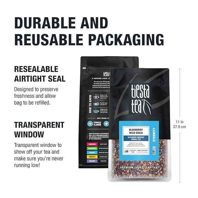Tiesta Tea Blueberry Wild Child Loose Leaf Blueberry Hibiscus Herbal Tea Premium Non-Caffeinated Blend Make Hot or Iced Brews Up to 200 Cups 16 Ounce Resealable Bulk Pouch
