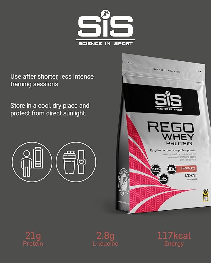 Science in Sport REGO Whey Powder - Whey Protein Powder for Muscle Support in Elite Athletes - 22g Protein - 2.8g L-Leucine - Sports Nutrition - Chocolate Flavor - 48oz