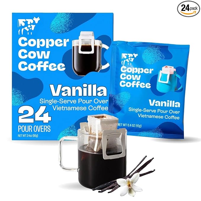 Copper Cow Coffee Premium Pour Over Single-Serve Vietnamese Coffee Pouches (24 pack) | Vanilla | Dark Roast | Flavored with Vanilla Beans | Convenient Vietnamese Ground Coffee Packets Travel Friendly