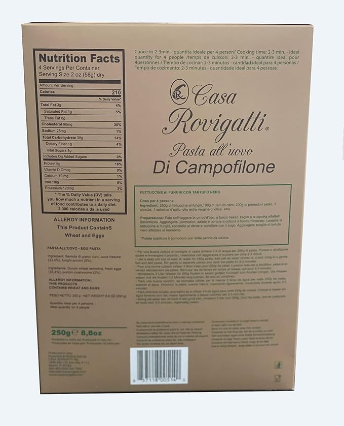 Fettuccine with Mushroom (Pack of 4) - Funghi Italian Pasta From the Region of Di Campofilone- Imported Italian Gourmet Egg Pasta- 8.8 ounces / 250 grams