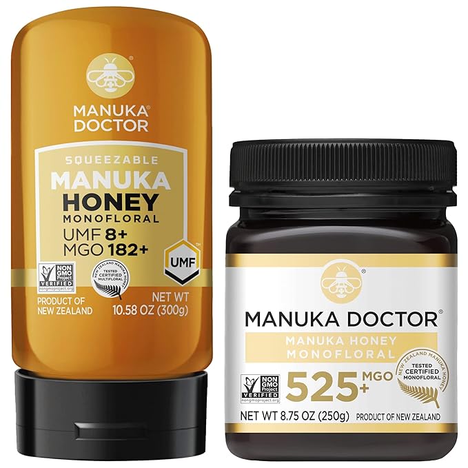 MANUKA DOCTOR - UMF8/MGO 182+ SQUEEZY and MGO 525+ Manuka Honey Monofloral Value Bundle 100% Pure New Zealand Honey. Certified. Guaranteed. RAW. Non-GMO