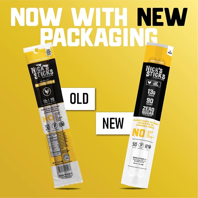 Nick's Sticks Free Range Clean &amp Balanced Chicken Snack Sticks | Made in the USA | Gluten Free | Paleo Keto Whole30 Approved | No Soy Antibiotics or Hormones (25-1.7oz. Packages of 2 Sticks)