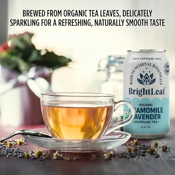 BrightLeaf Chamomile Lavender Sparkling Tea with Functional Benefits for Calm &amp Relaxation – Regenerative Organic Caffeine-Free Zero Sugar Zero Calories Zero Sweeteners Botanical Blend – 12oz