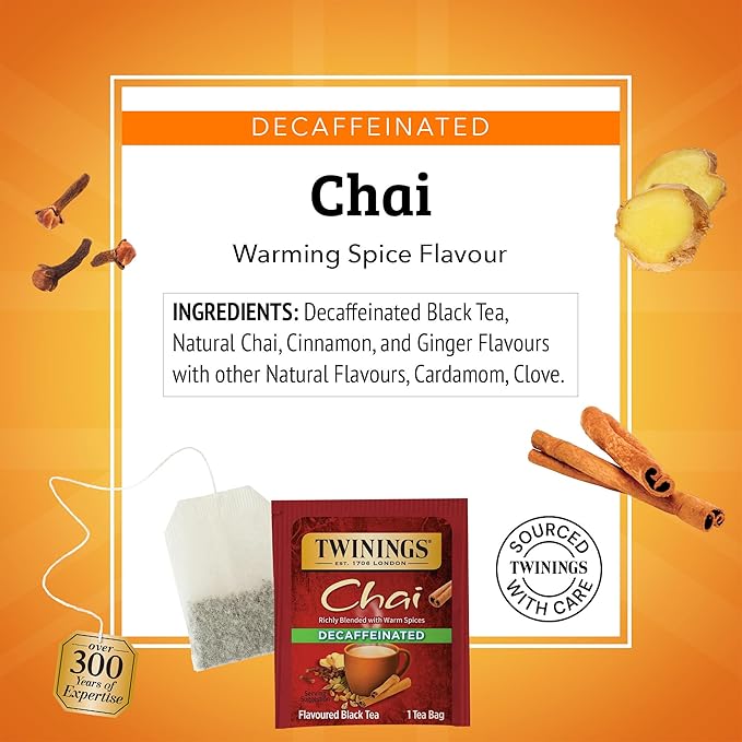 Twinings Decaffeinated Chai Individually Wrapped Bags 100 Count (Pack of 1) Sweet Savoury Spices Enjoy Hot or Iced 100 Teabags