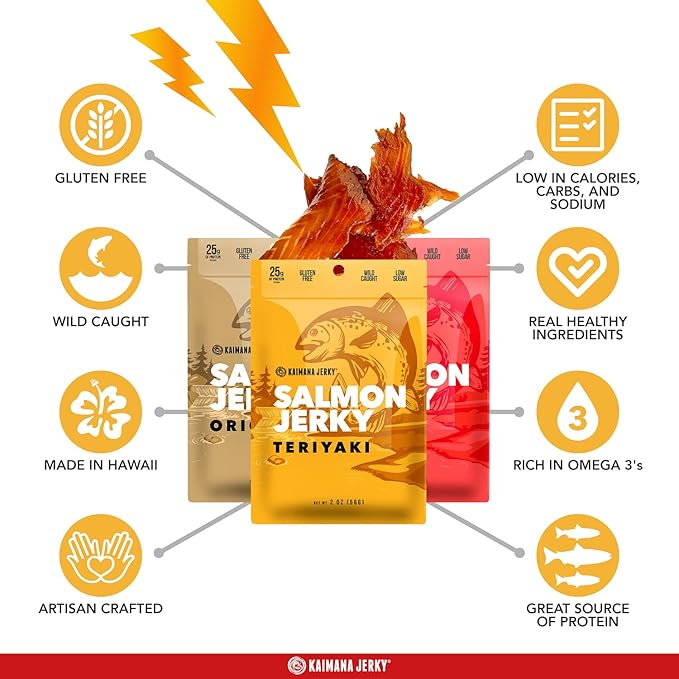 Kaimana Jerky Wild Caught Salmon Jerky - Organic Dried Fish Strips Rich in Omega-3 Protein - Low-Calorie Seafood Snack with No Gluten Less Sodium &amp Sugar - Original Teriyaki Spicy Flavors - 3-
