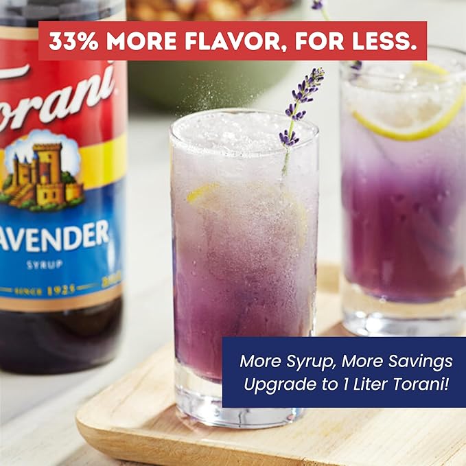 Torani Lavender Syrup 1 Liter Bottle with Pump – Premium Floral Flavoring with Pure Cane Sugar &amp Natural Ingredients for Coffee Lattes Cocktails Lemonade Desserts &amp More