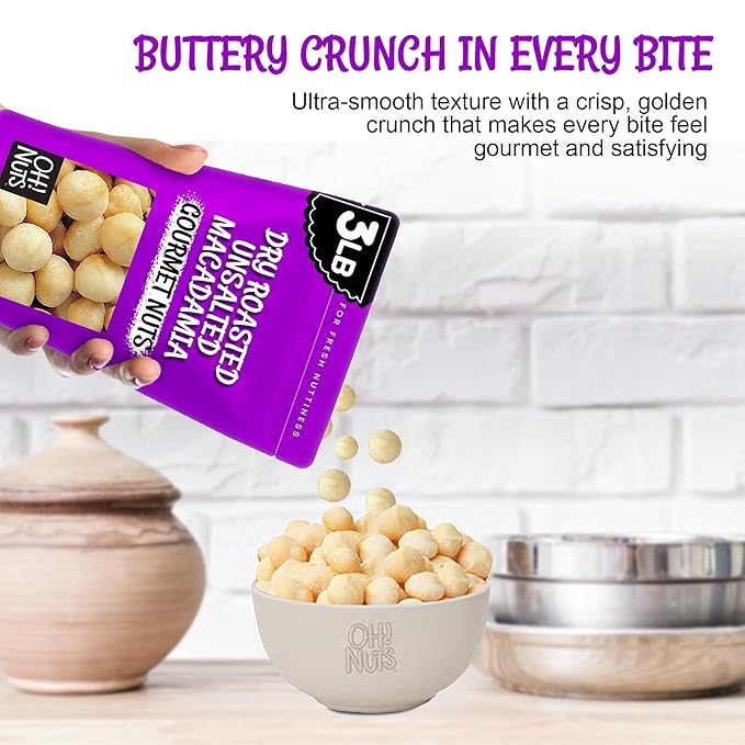Oh! Nuts Macadamia Nuts - 3 lb - Dry Roasted Unsalted Macadamia Nuts - Oven Roasted - No Oil - Packed in New York Zip-Seal Bag for Exceptional Freshness