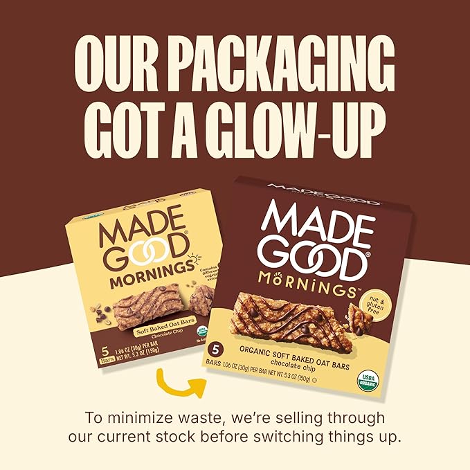 MadeGood Mornings Soft Baked Breakfast Bars Chocolate Chip 1.06 Oz (30 Count) Gluten Free Snacks