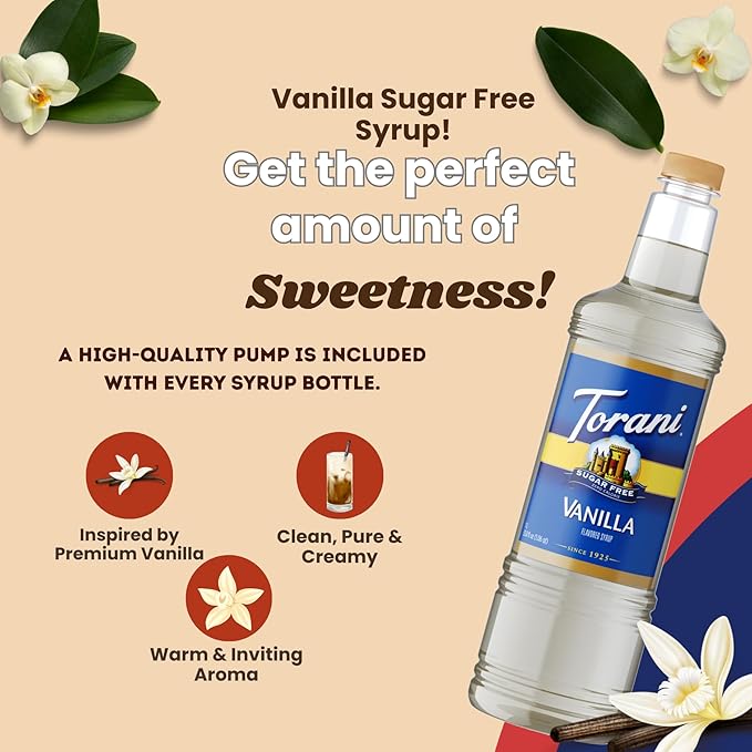 Torani Sugar Free Vanilla Syrup 1 Liter Bottle with Pump Dispenser – Zero Calorie Flavored Coffee Syrup for Lattes Cold Brews Teas Cocktails &amp Desserts