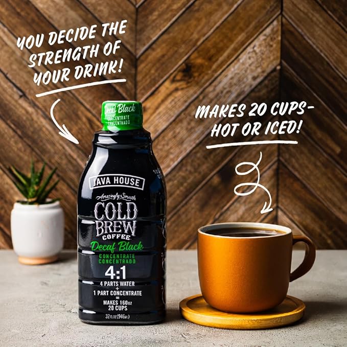JAVA HOUSE Cold Brew Coffee Decaf Colombian 4:1 Liquid Concentrate 32 Ounce Bottle