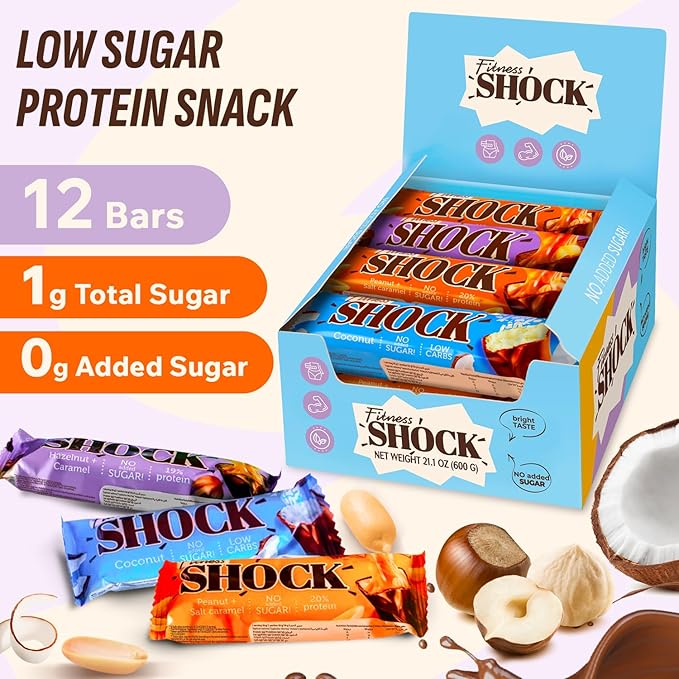 FitnesSHOCK Protein Bars Variety Pack – Low Sugar Dessert Snack (1g Total Sugar No added Sugar) – Coconut Peanut Salted Caramel &amp Hazelnut Caramel – Healthy Snack Box –12 Count