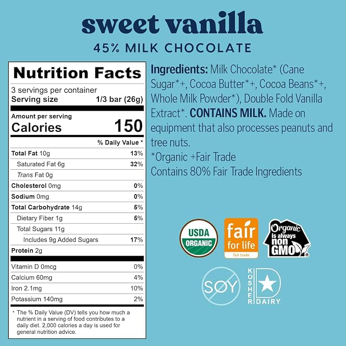 Theo Chocolate Holiday Sweet Vanilla Organic Milk Chocolate Bar 45% Cacao 12 Count | Fair Trade