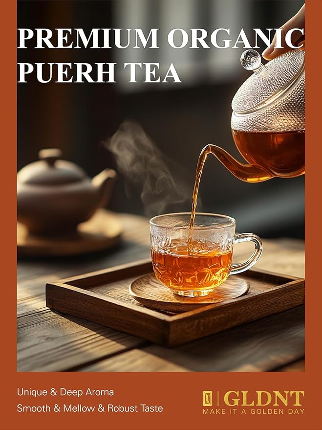 GLDNT Organic Pu-erh Tea Yunnan Ripe Pu'erh Tea Loose Leaf Fermented Dark Tea Bold &amp Smooth Flavor Caffeinated 16oz (Pack of 2)