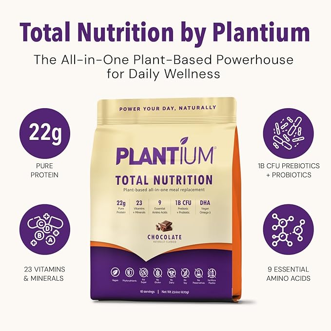 Plantium Total Nutrition Premium All-In-One Meal Replacement Shake Plant-Based Protein Powder with Vitamins Minerals &amp Probiotics 22g Protein per Serving Chocolate